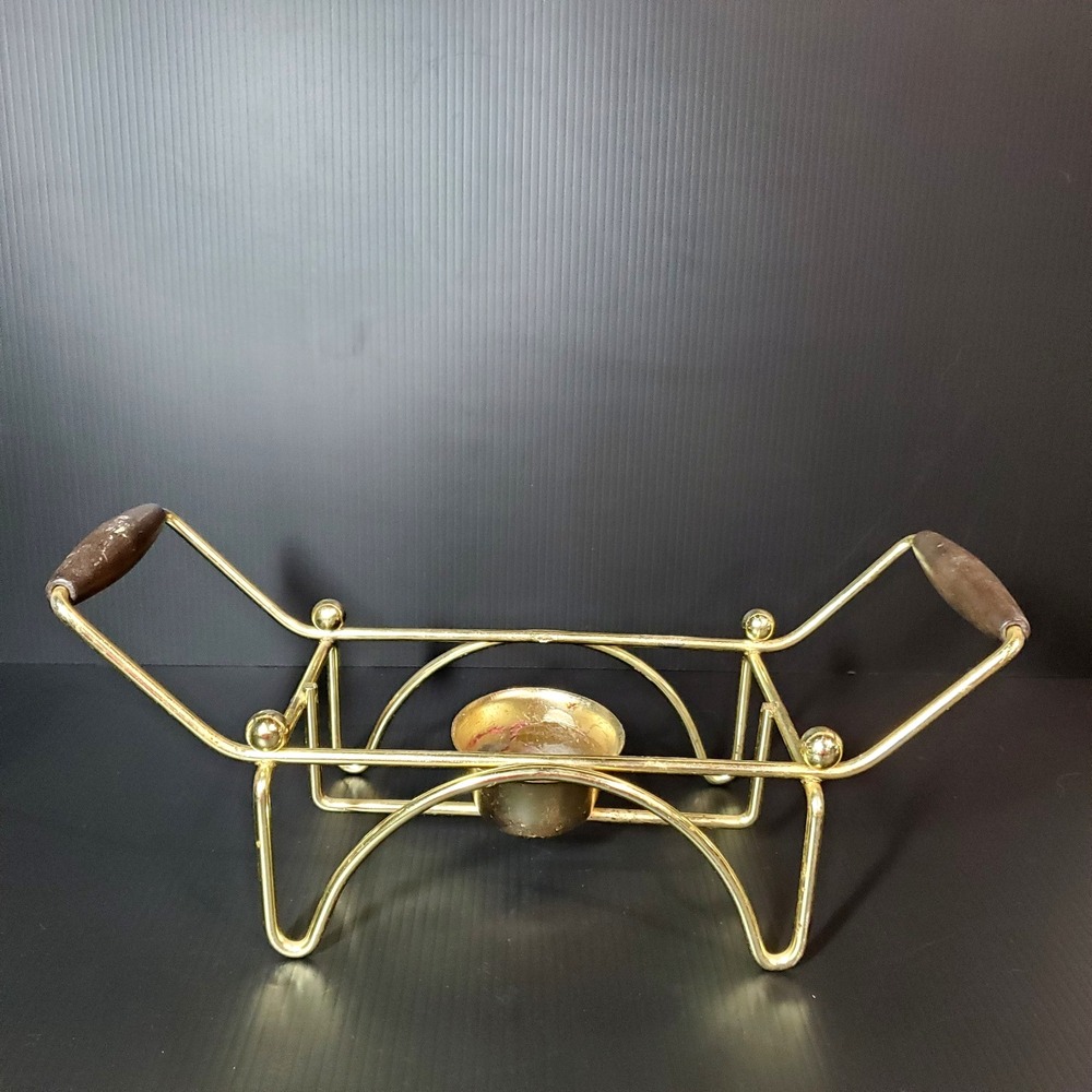 Vintage Mid Century Modern chafing stand metal w/ wood handles, warming stand - Picture 3 of 12